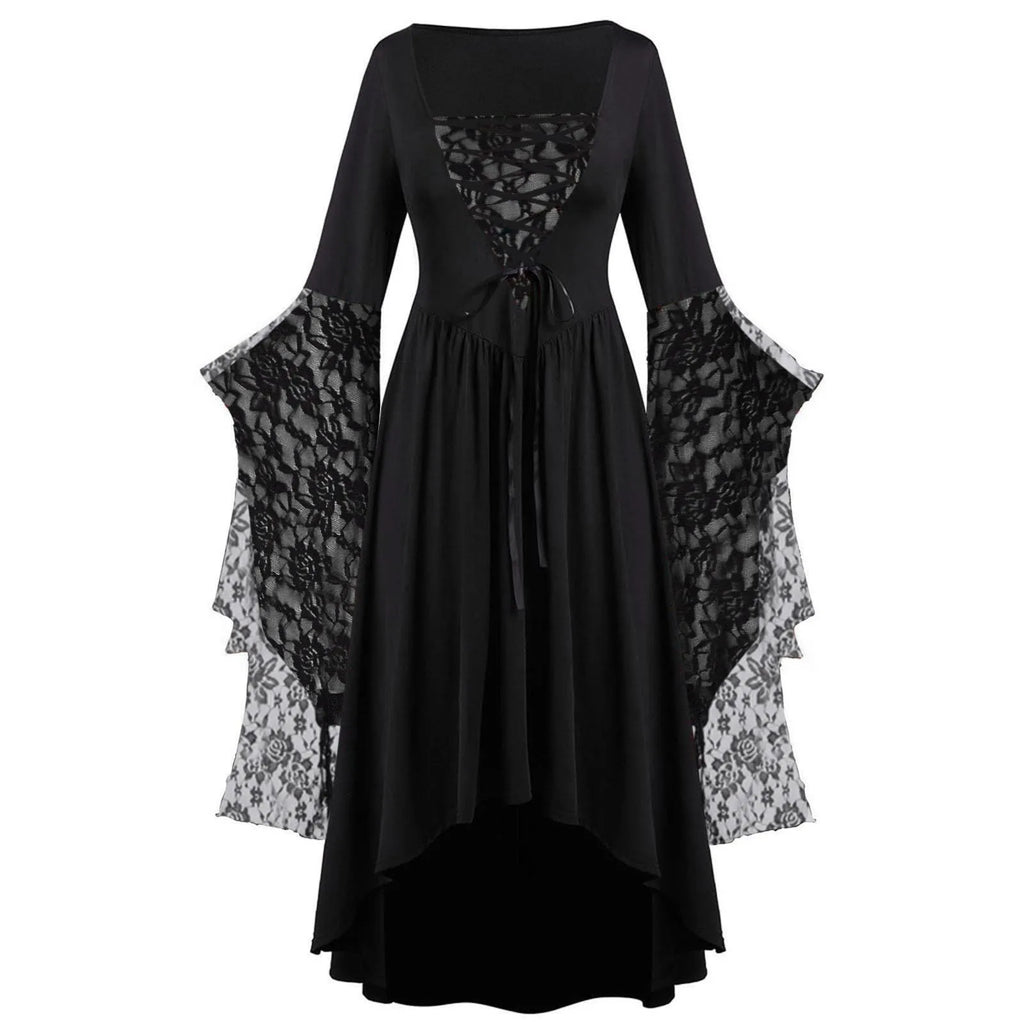 Dark Fantasy Gothic Cape Sleeve Dress with Lace Accents