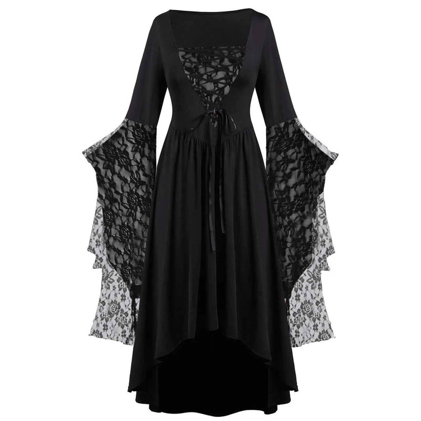 Dark Fantasy Gothic Cape Sleeve Dress with Lace Accents