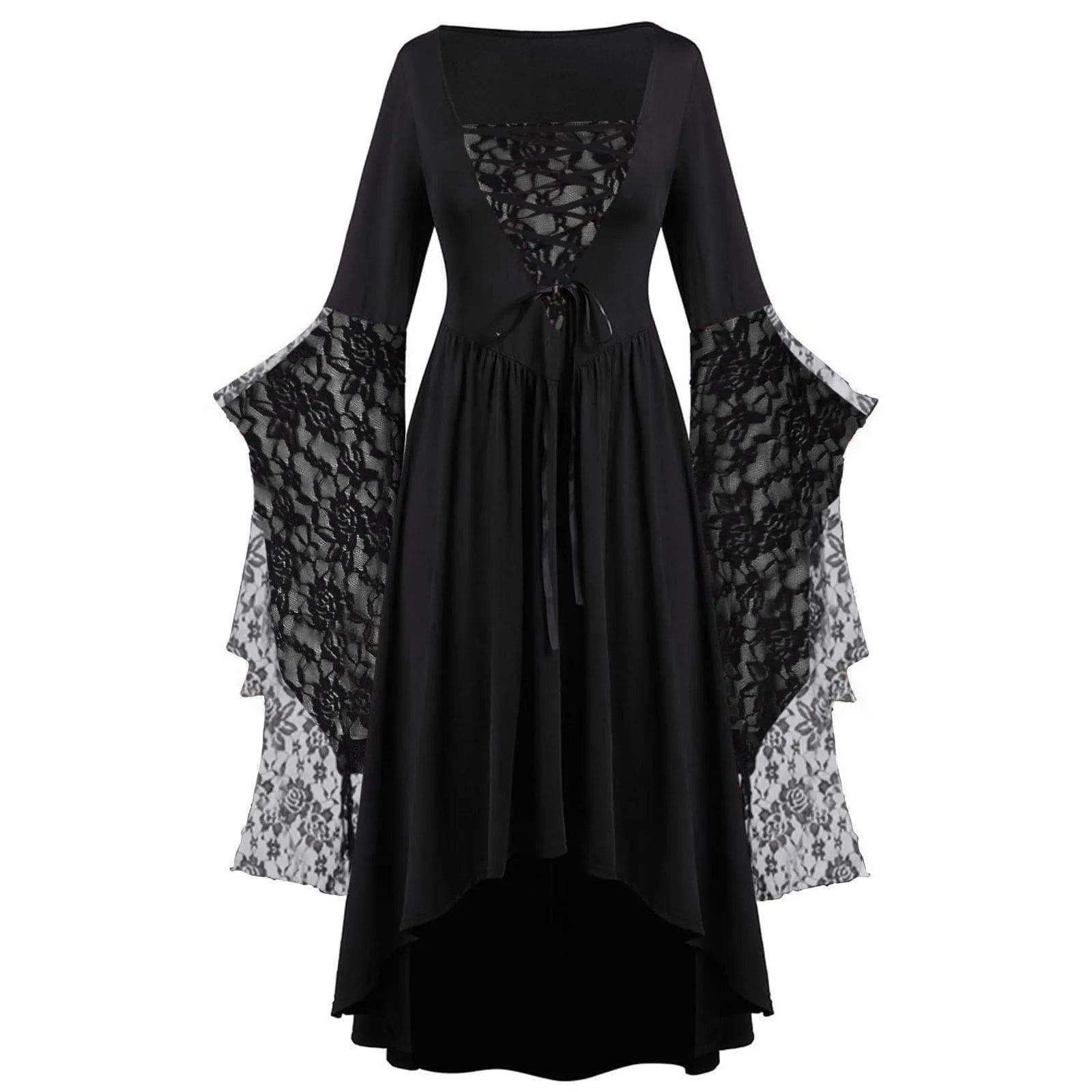 Dark Fantasy Gothic Cape Sleeve Dress with Lace Accents