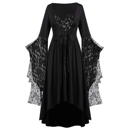 Dark Fantasy Gothic Cape Sleeve Dress with Lace Accents