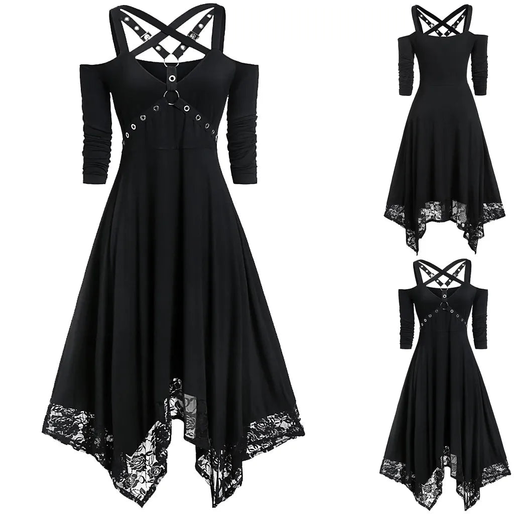 Gothic Witchcore Midi Dress with Pentagram Strap Details