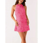 Embellished Halter Mini Dress with Backless Silhouette and Y2K Party Styling
