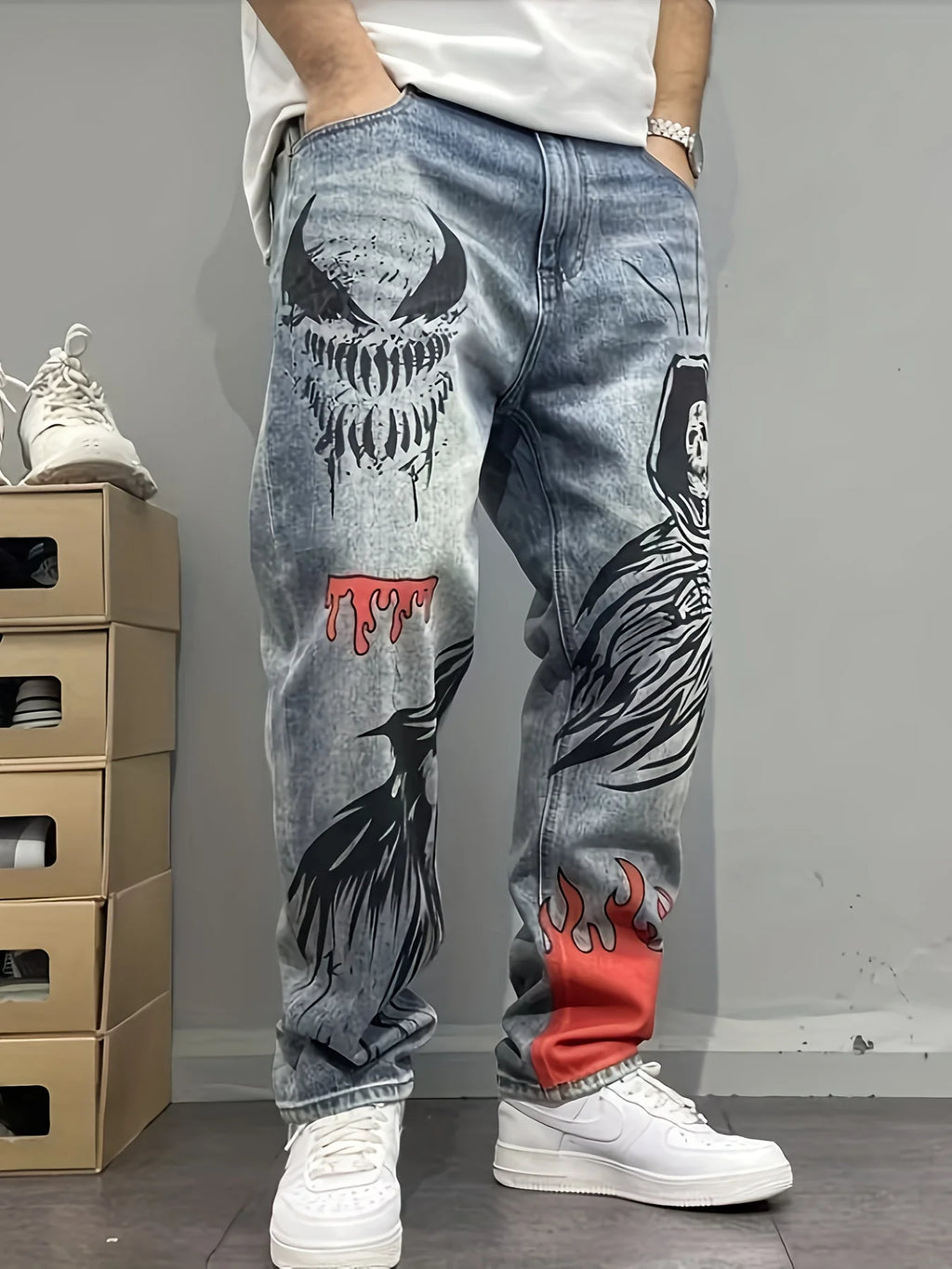 Men's Loose Fit Straight Leg Washed Denim Jeans with Artistic Graphic Streetwear Style