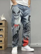 Men's Loose Fit Straight Leg Washed Denim Jeans with Artistic Graphic Streetwear Style