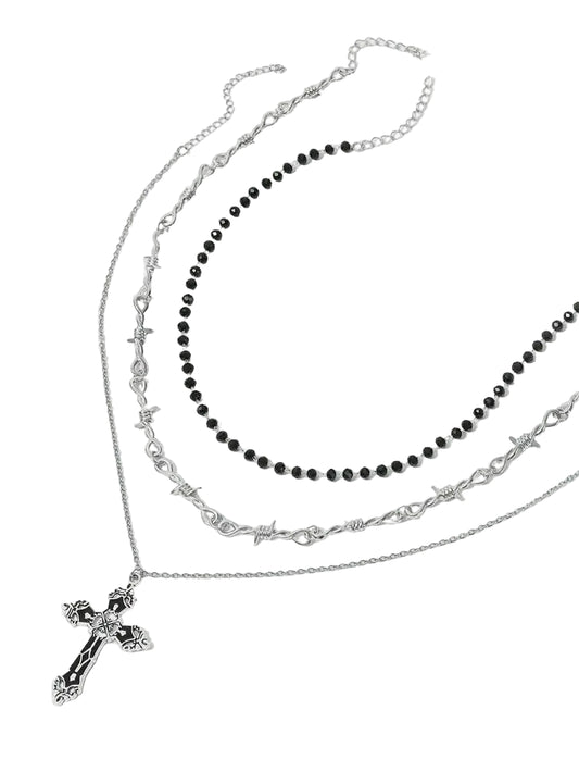 Layered Cross Pendant Necklace Set for Gothic Punk and Alternative Streetwear Fashion Styling