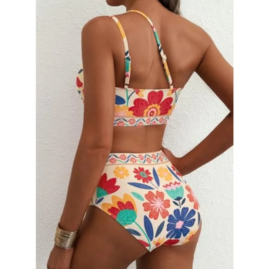 High-Waisted Floral One-Shoulder Bikini Set with Asymmetrical Top, Ruched Tummy-Control Styling and Matching Bottom