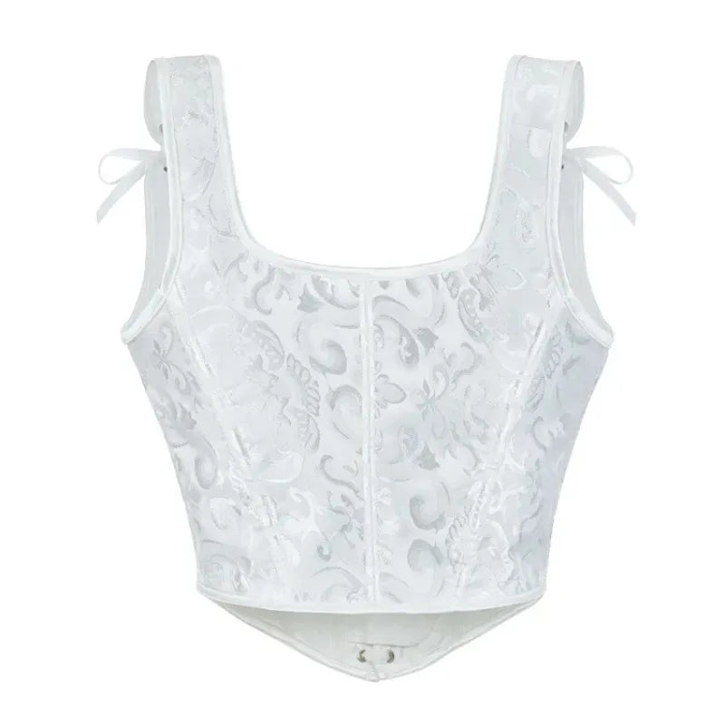 Printed Lace-Up Corset Top with Structured Boning and Adjustable Shoulder Ties