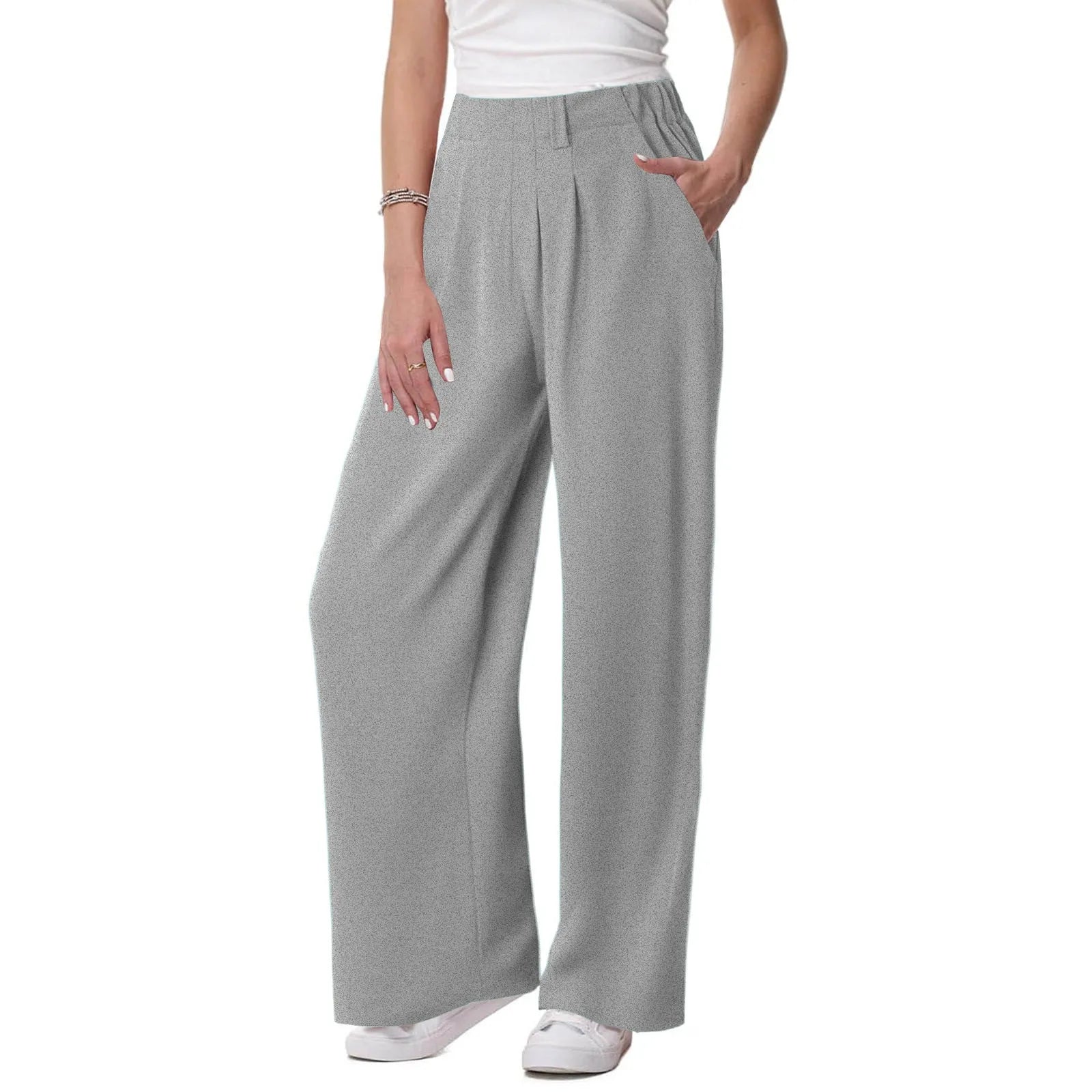 Women's Low Rise Loose Palazzo Pants with Pleated Front and Pocket Casual Streetwear Style
