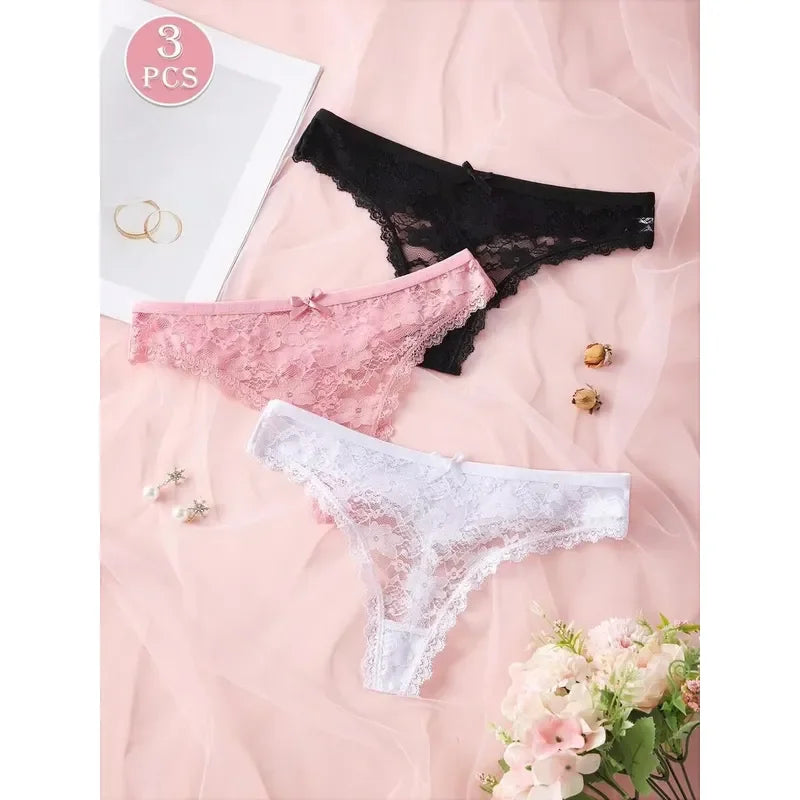 3-Piece Women’s Floral Lace Thong Set with Sheer-Look Panels, Low-Rise Silhouette and Assorted Feminine Colors