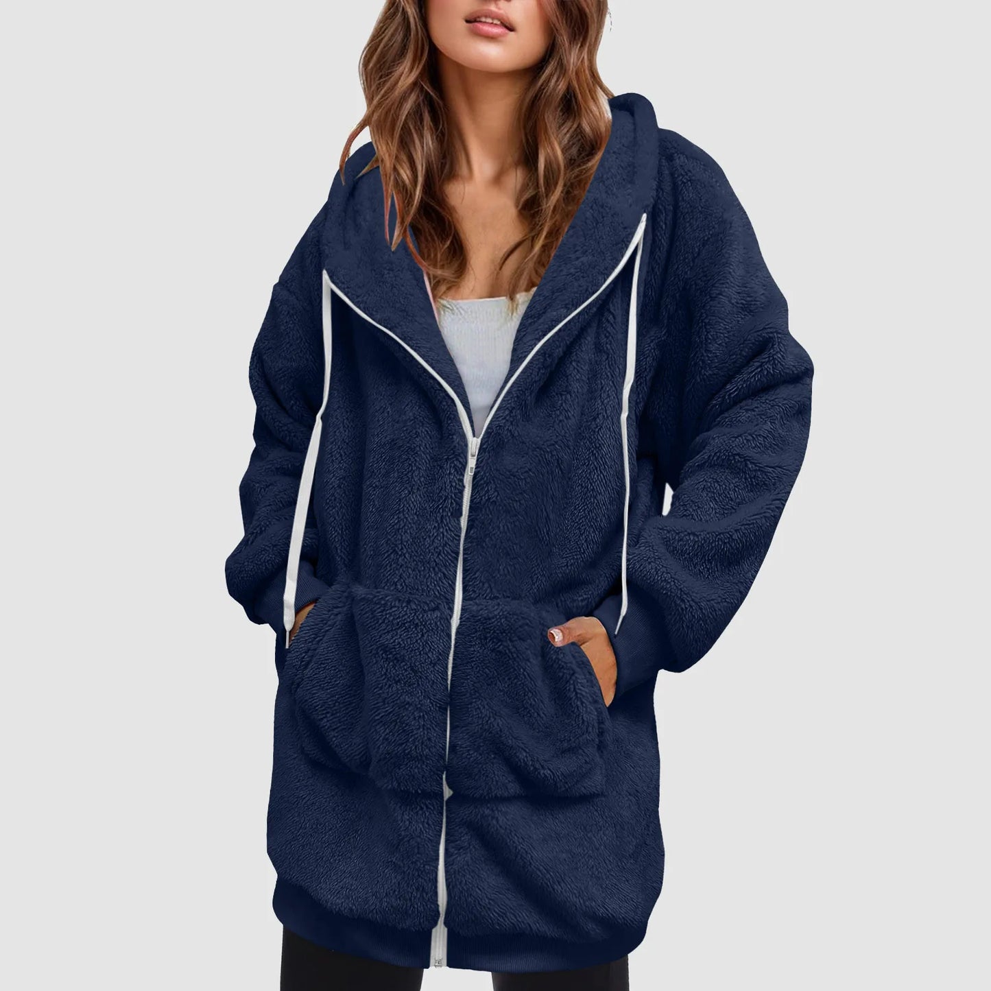 Women's Oversized Hooded Plush Fleece Zip Jacket for Cozy Streetwear Layering