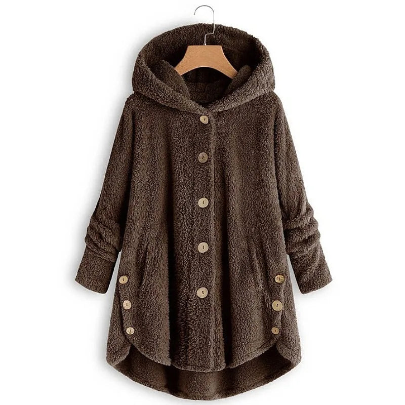 Women's Plush Hooded Teddy Fleece Coat with Button Front for Cozy Winter Layering
