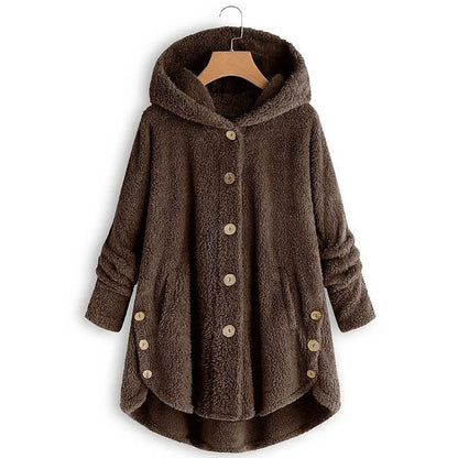 Women's Plush Hooded Teddy Fleece Coat with Button Front for Cozy Winter Layering