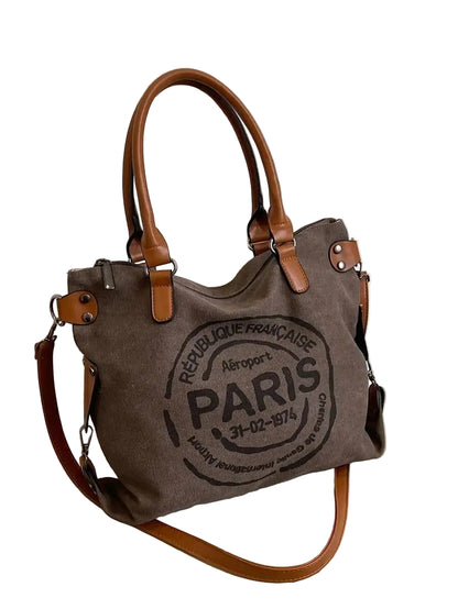 Vintage Inspired Canvas Tote Crossbody Bag with Graphic Print Design