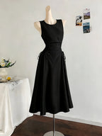 Minimalist Black Sleeveless A-Line Dress with Corset-Style Side Lacing Detail