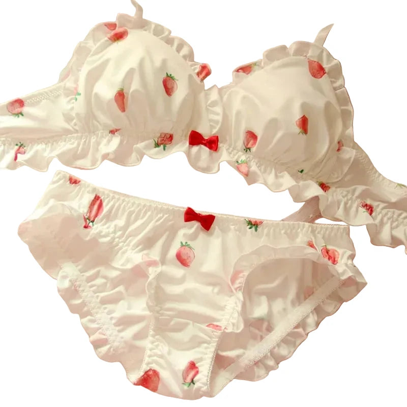 Whimsical Strawberry Print Ruffled Underwire Bra and Panty Set