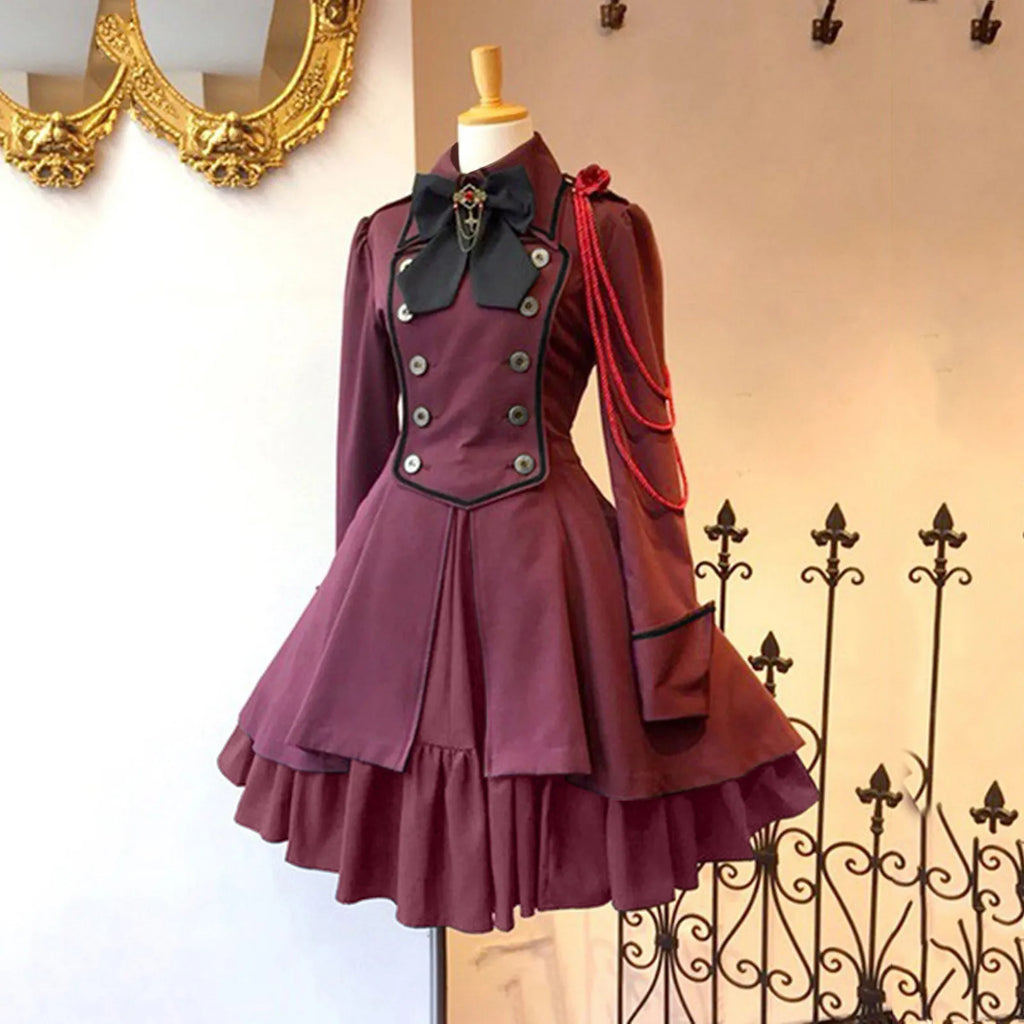 Medieval-Inspired Green and Black Flared Coat Dress with Decorative Bow and Brass-Tone Buttons