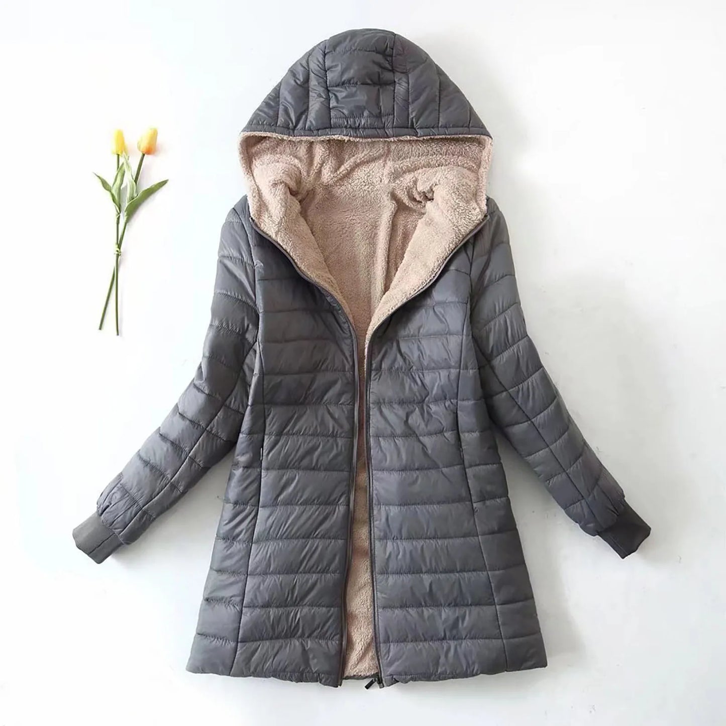 Women's Hooded Quilted Fleece Lined Zip Jacket for Warm Everyday Streetwear Layering