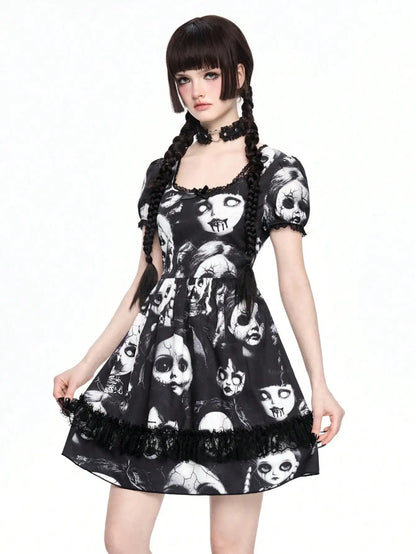 Dark Graphic Print Gothic Mini Dress with Alternative Streetwear Style