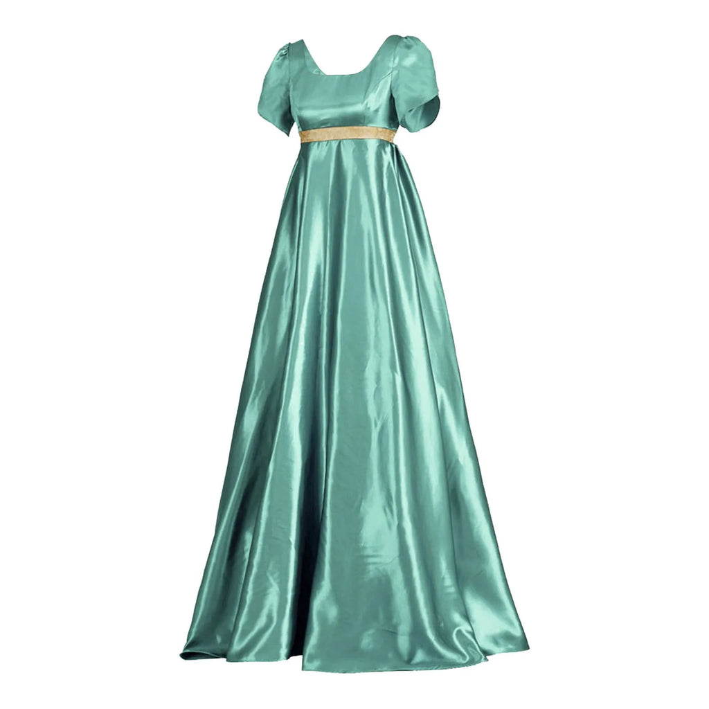 Vintage-Inspired Satin Maxi Dress with Puff Sleeves and Empire Waist