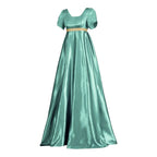 Vintage-Inspired Satin Maxi Dress with Puff Sleeves and Empire Waist