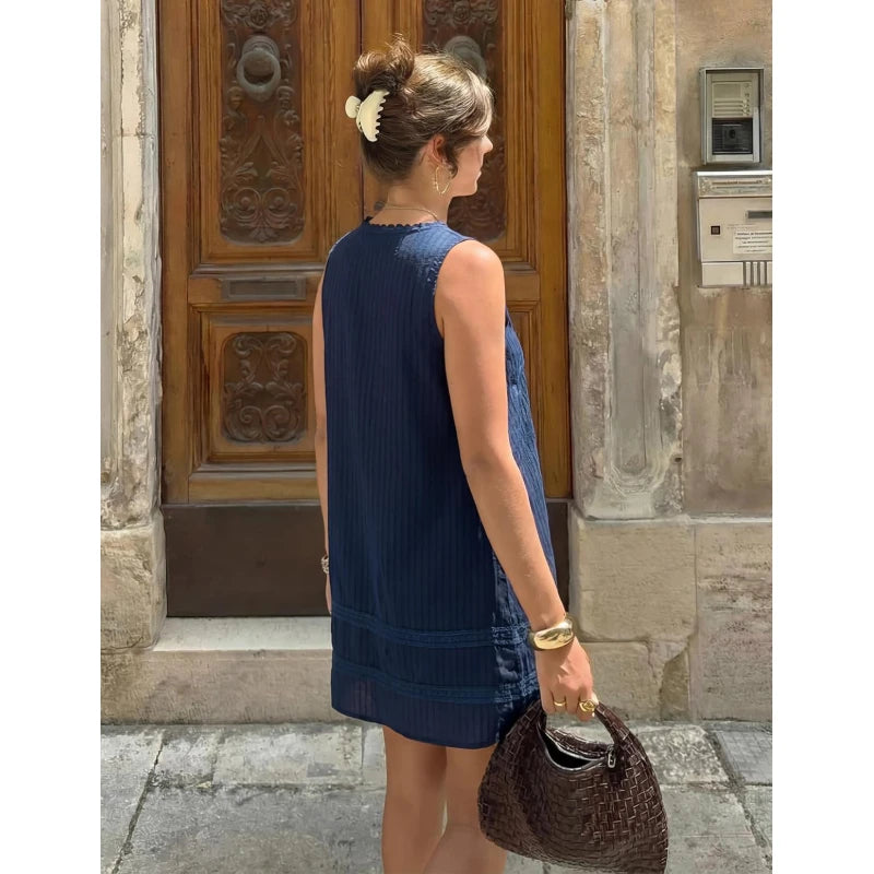 Navy Blue Square Neck Sleeveless Mini Dress with Relaxed Shift Silhouette