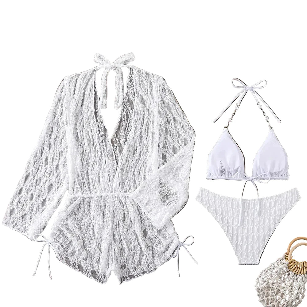 Three-Piece White String Bikini Set with Lace Long-Sleeve Cover-Up