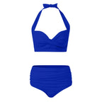 High-Waisted Blue Two-Piece Bikini Set with Structured Cup Detail and Feminine Frill Accent