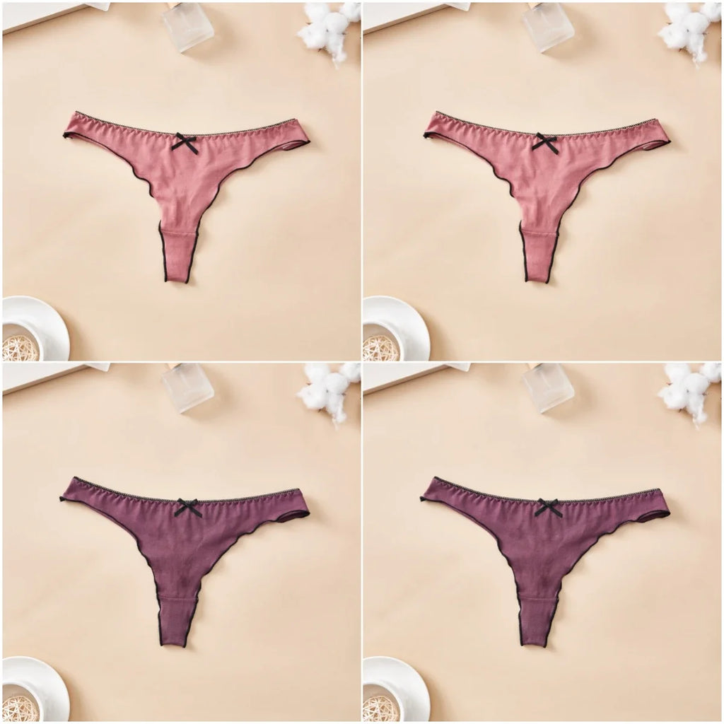 4-Piece Women’s Cotton Low-Rise Thong Panties Set with T-Back Silhouette, Decorative Bow Detail and Assorted Solid Colors