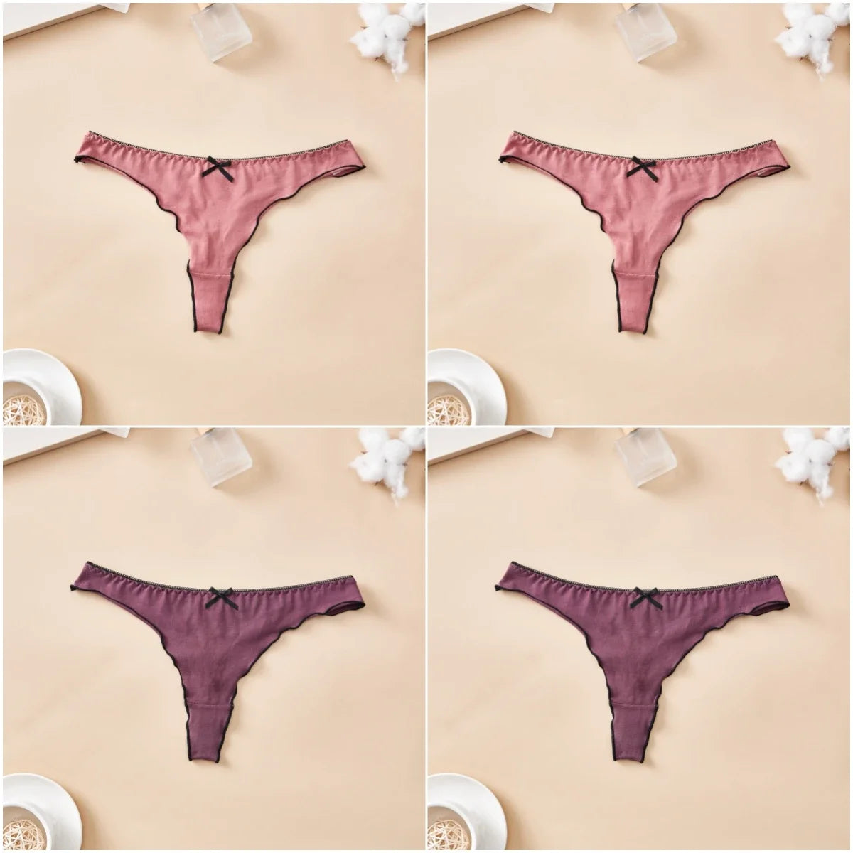 4-Piece Women’s Cotton Low-Rise Thong Panties Set with T-Back Silhouette, Decorative Bow Detail and Assorted Solid Colors