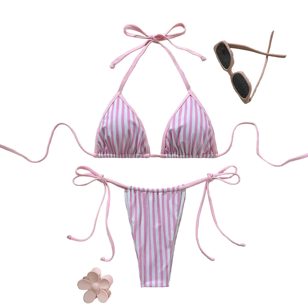 Pastel Pink and White Striped Triangle String Bikini