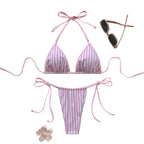 Pastel Pink and White Striped Triangle String Bikini
