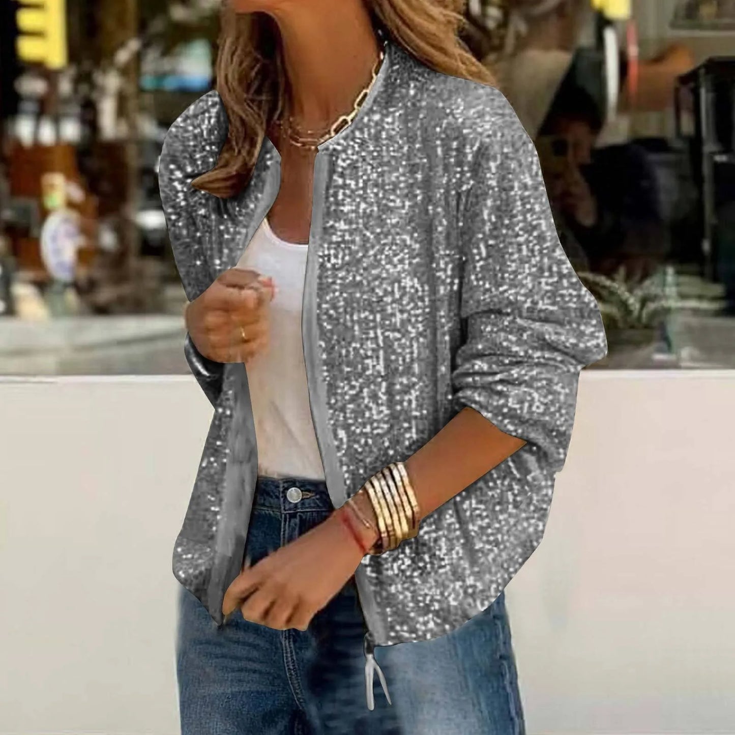 Women's Glitter Zip-Up Bomber Jacket with Relaxed Fit and Statement Evening Streetwear Style