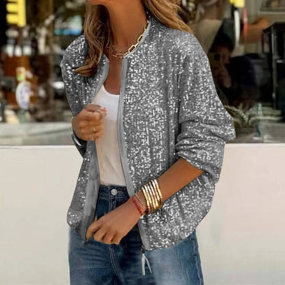Women's Glitter Zip-Up Bomber Jacket with Relaxed Fit and Statement Evening Streetwear Style