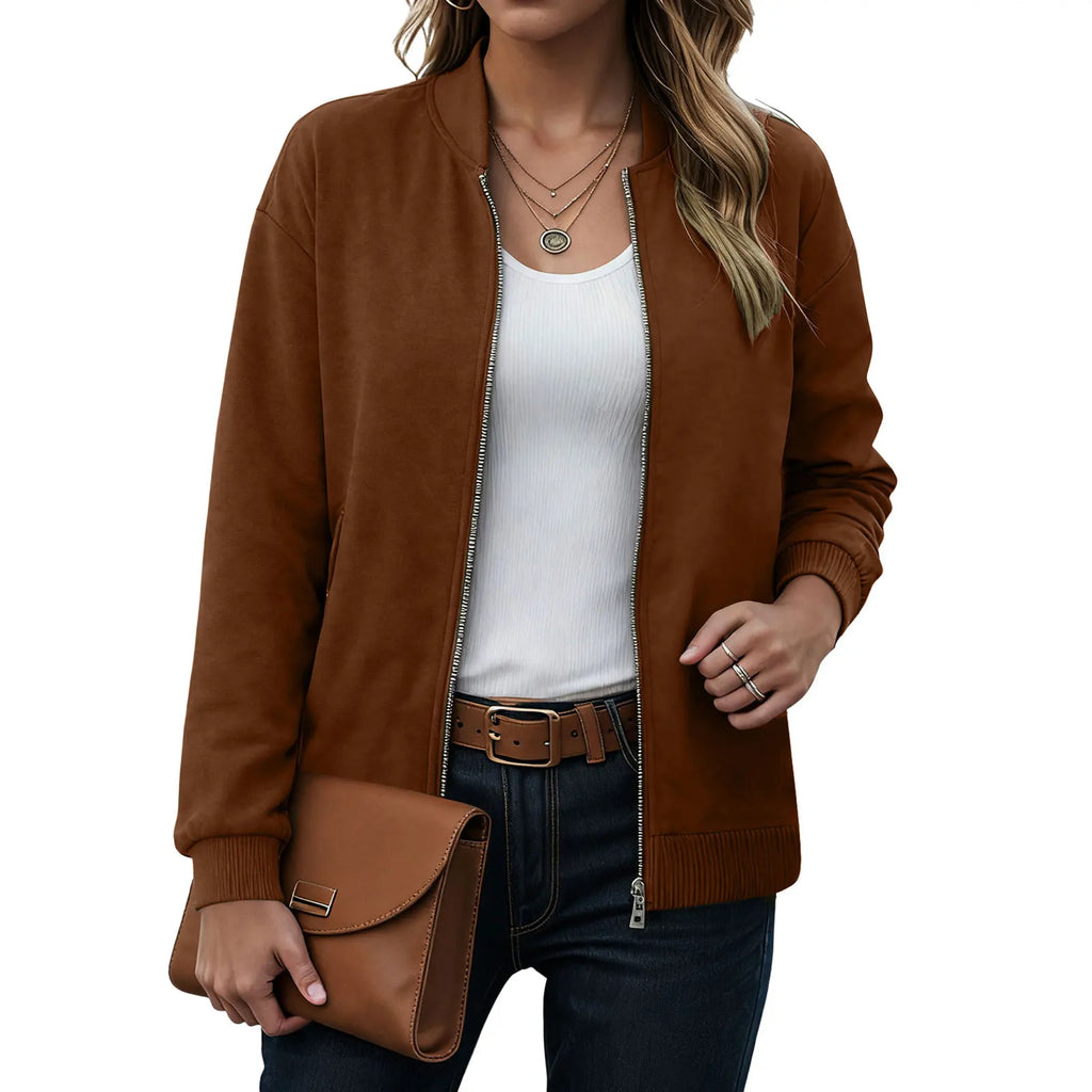 Women's Minimalist Zip Front Faux Suede Bomber Jacket for Contemporary Streetwear