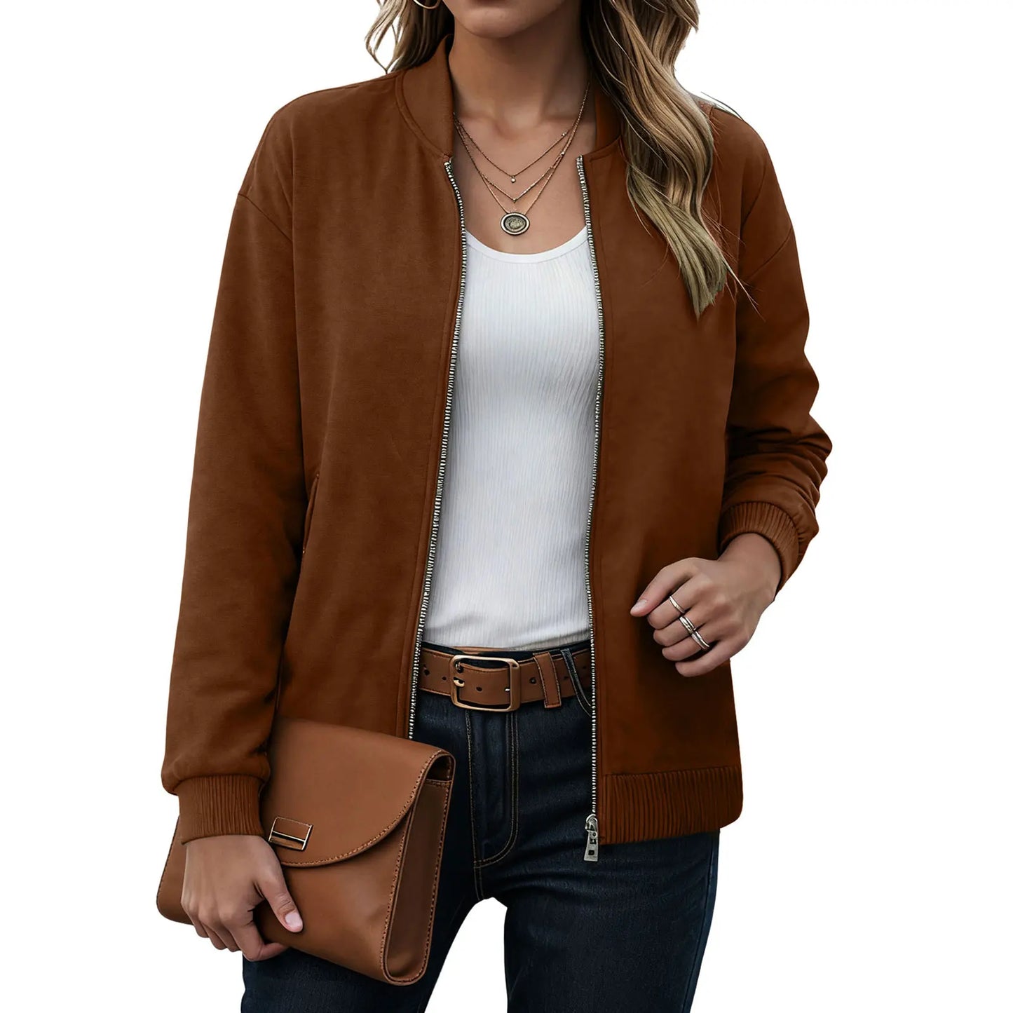 Women's Minimalist Zip Front Faux Suede Bomber Jacket for Contemporary Streetwear