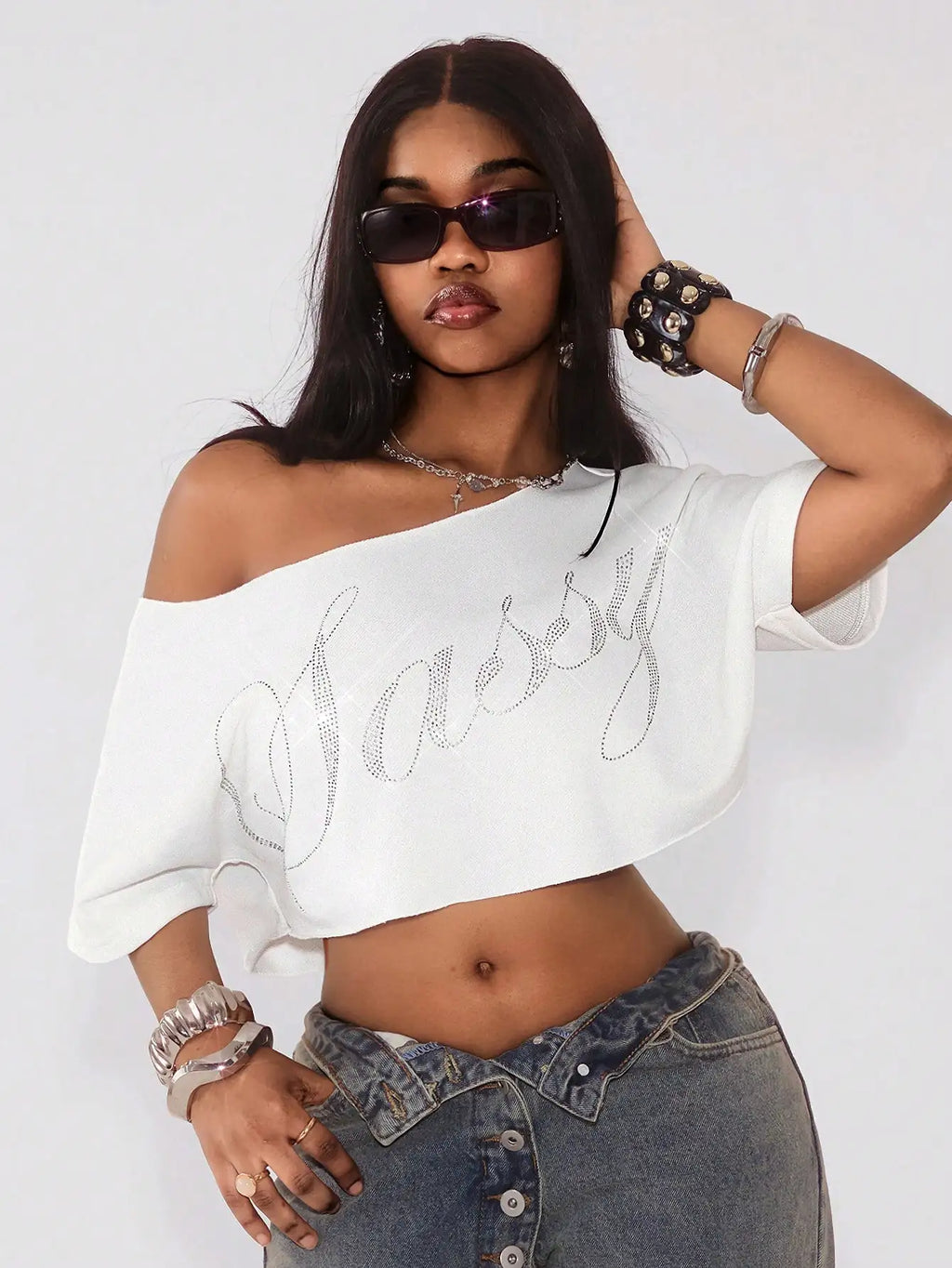 Off Shoulder Graphic Crop Tee with Relaxed Streetwear Inspired Silhouette