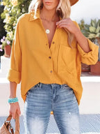 Relaxed Fit Deep Purple Button-Down Blouse with Chest Pocket and Classic Collar