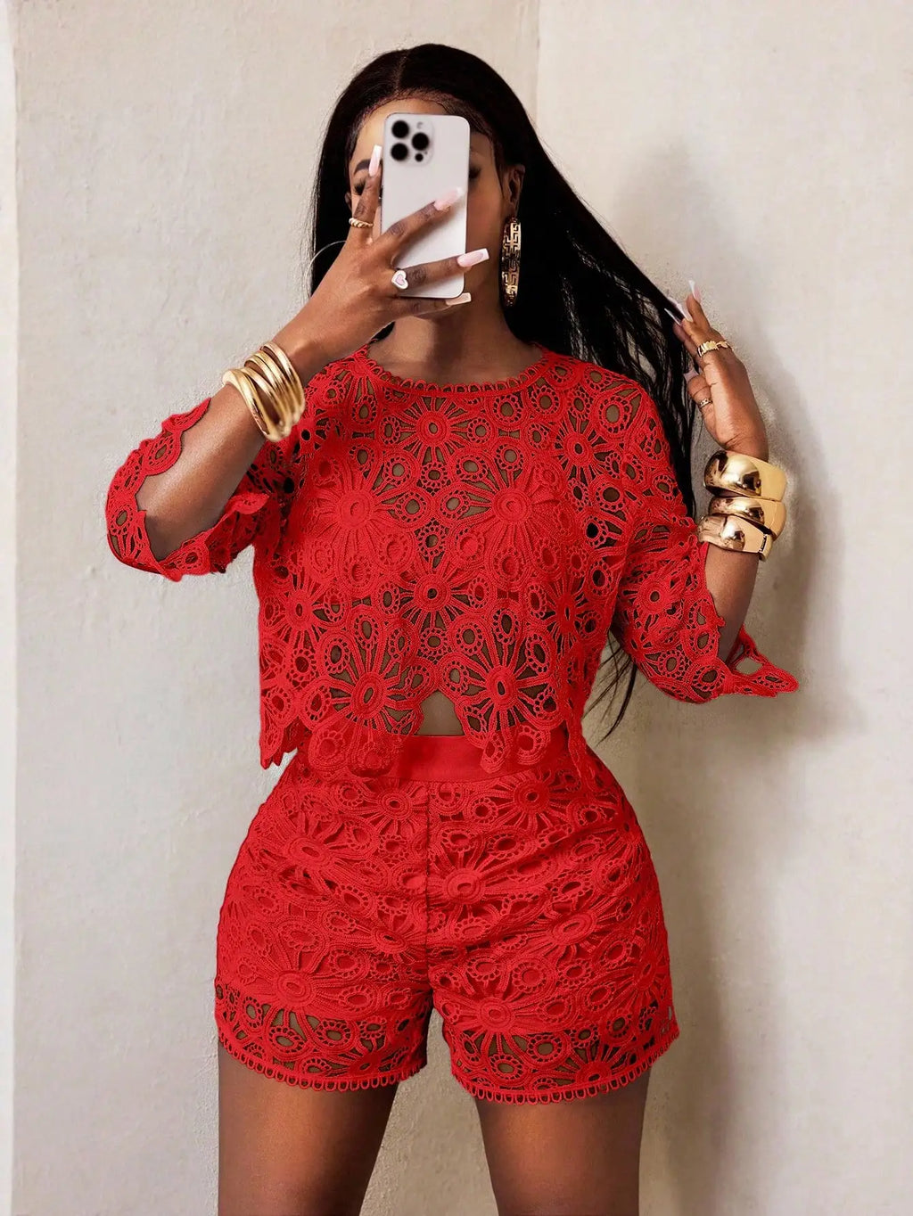 Lace Detail Top and Shorts Statement Summer Co-Ord Set for Women