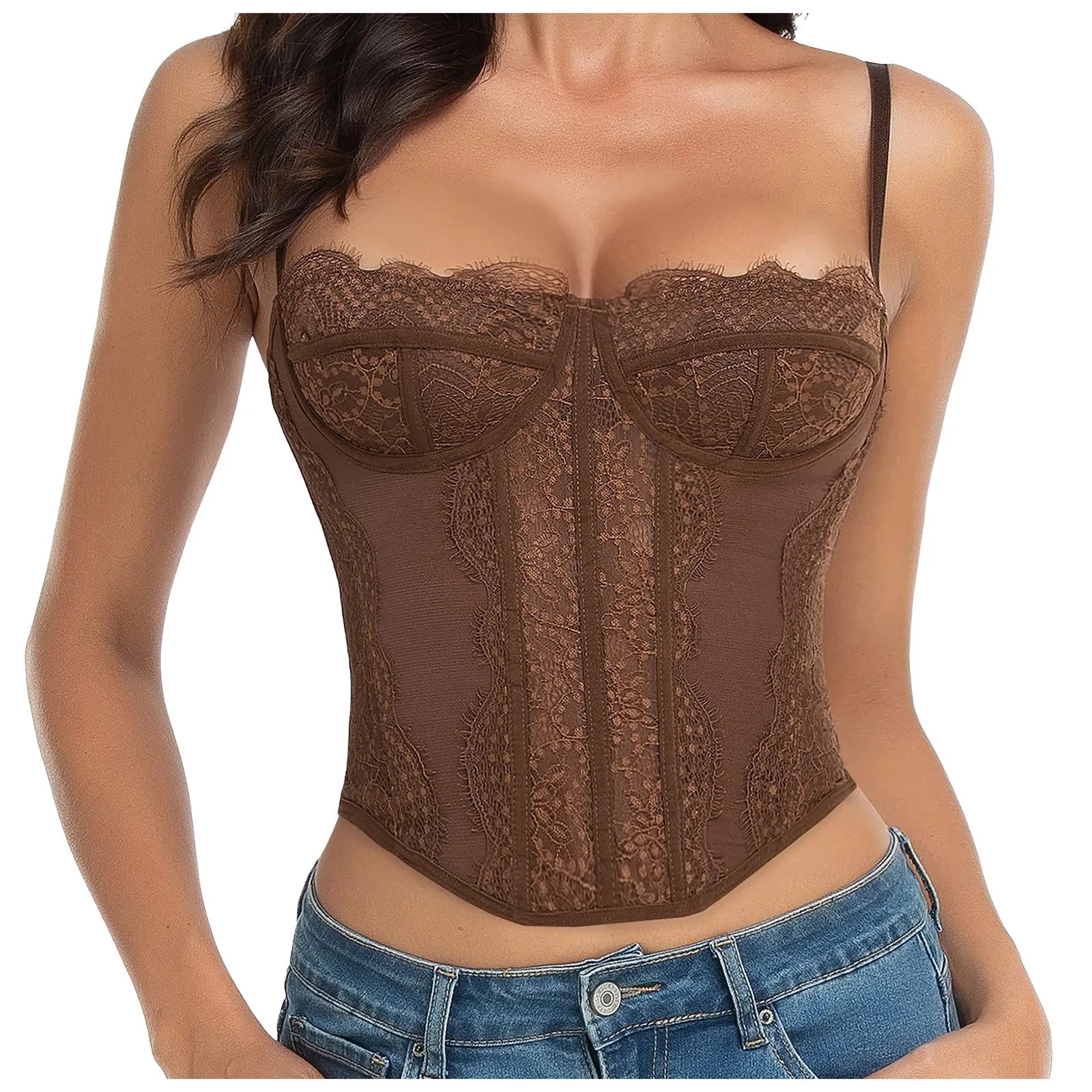 Structured Lace Trim Corset Top with Sweetheart Neckline and Sculpted Fit