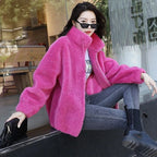 Women's Plush Fleece Zip-Up Jacket with Stand Collar Cozy Streetwear Winter Outerwear
