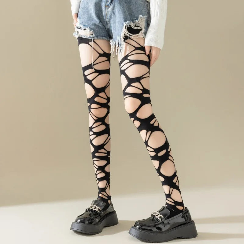 Crisscross Distressed Fishnet Pantyhose Punk Y2K Alternative Fashion Tights