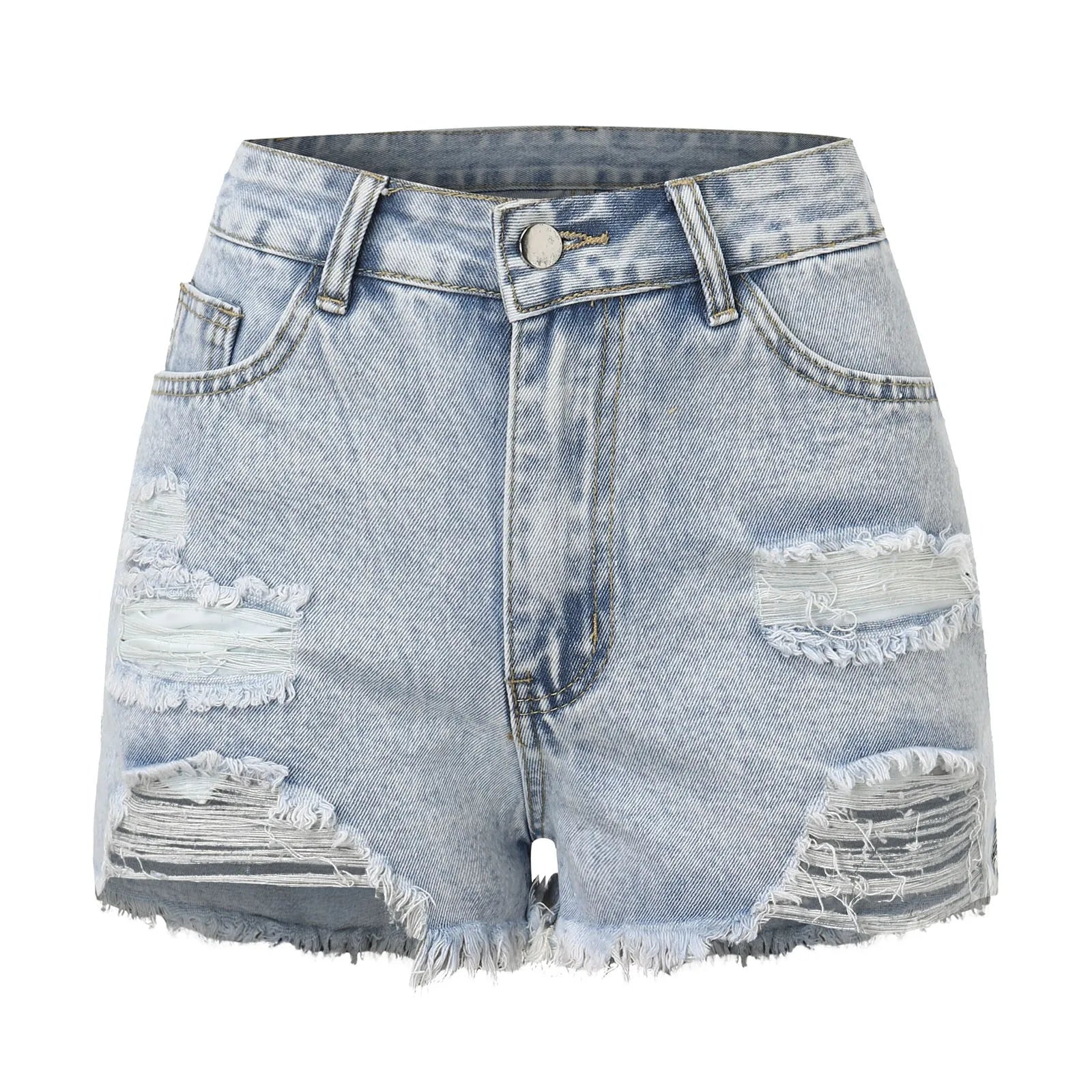 Women's High Waist Distressed Denim Style Shorts with Frayed Hem Casual Everyday Design