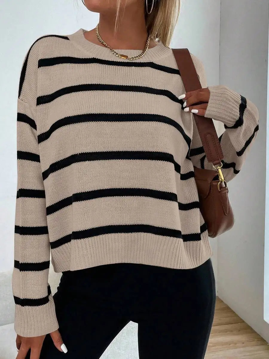 Women's Striped Drop Shoulder Relaxed Knit Sweater With Casual Cropped Silhouette
