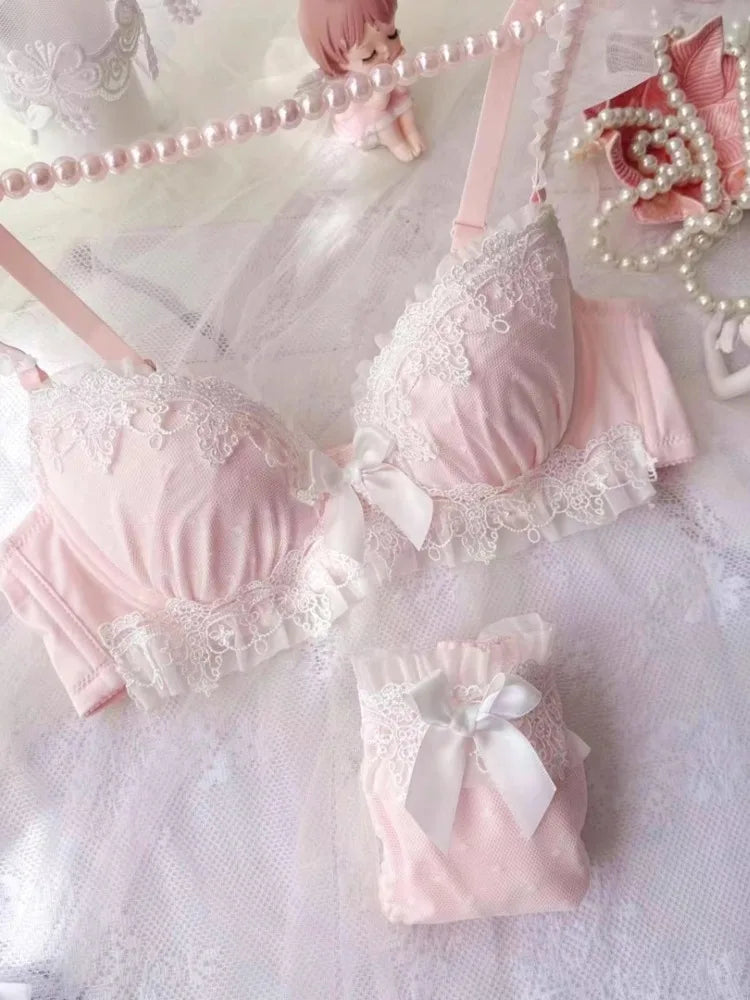 Pastel Pink Water-Soluble Lace Bra and Panty Set with Ribbon Details