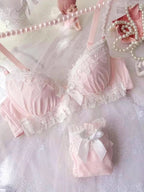 Pastel Pink Water-Soluble Lace Bra and Panty Set with Ribbon Details