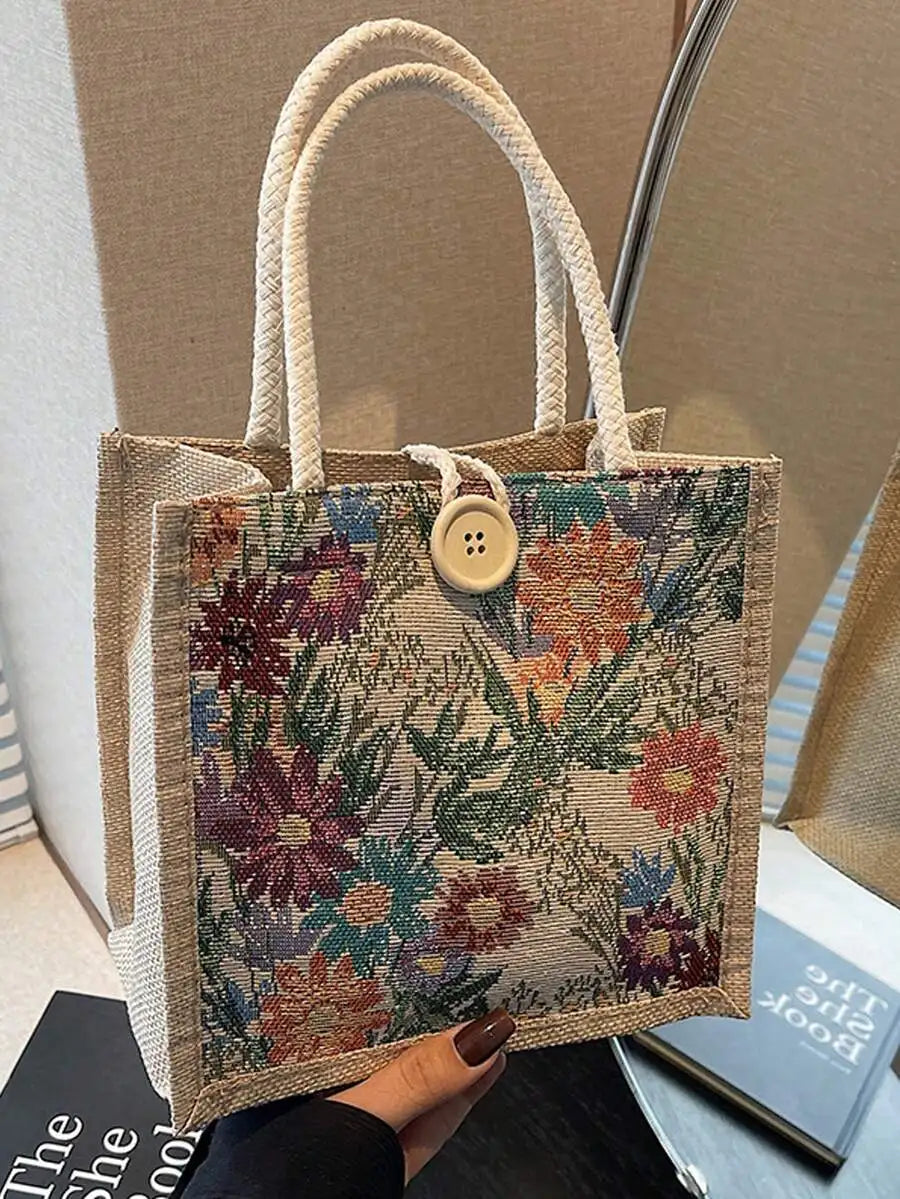 Floral Print Linen Tote Shoulder Bag with Button Closure Design