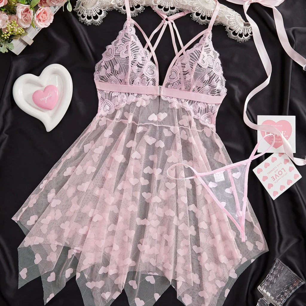 Grey and Pink Heart-Patterned Mesh Babydoll Set with Handkerchief Hem