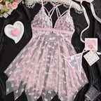 Grey and Pink Heart-Patterned Mesh Babydoll Set with Handkerchief Hem