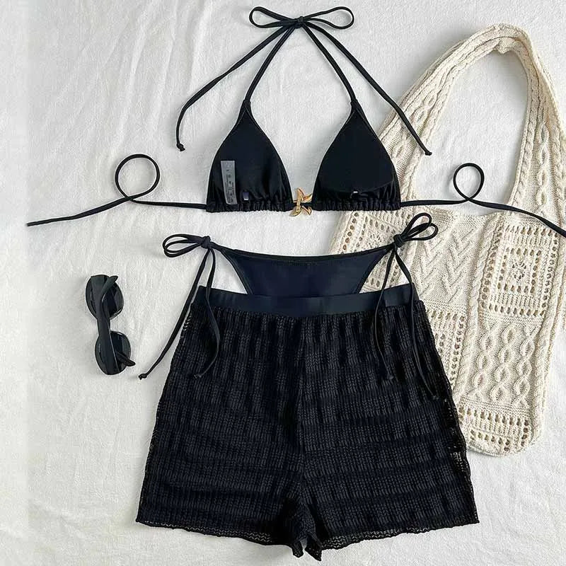 Solid Black Three-Piece String Bikini Set with Mesh Shorts Cover-Up