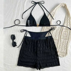 Solid Black Three-Piece String Bikini Set with Mesh Shorts Cover-Up